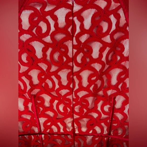 Womens Adrianna Papell Red Nylon Geometric Designer Cap Sleeve Midi Dress 14 - Picture 6 of 6